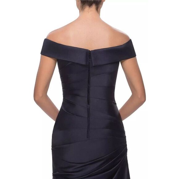 La Femme Womens Off the Shoulder Ruched Satin Trumpet Gown 12 Navy. NWOT. 16 - Picture 2 of 11